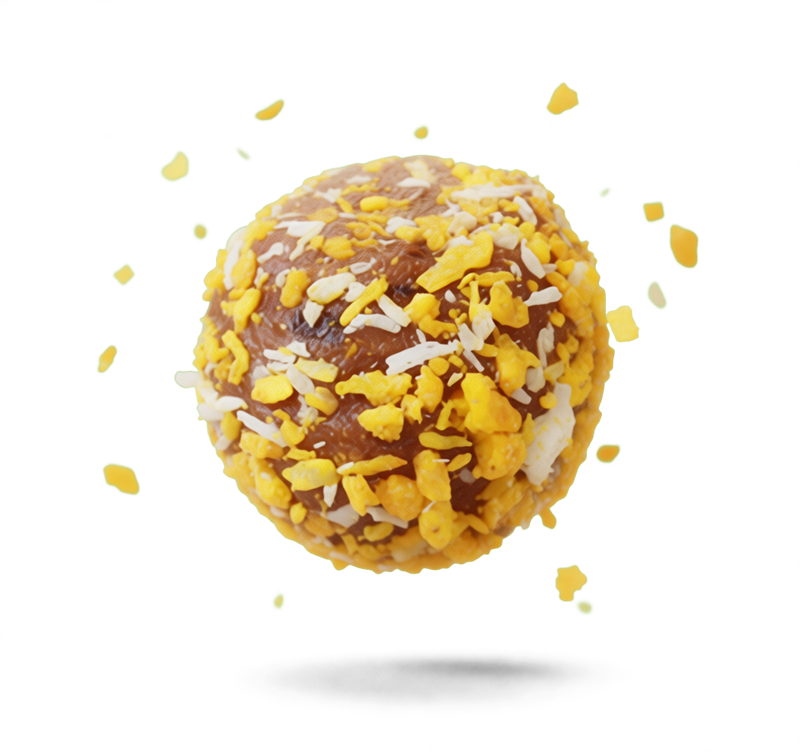 this is a product made with date and coconut powder in around now i want an image in 3d build that shows date sphere and coconut powder addin on the air